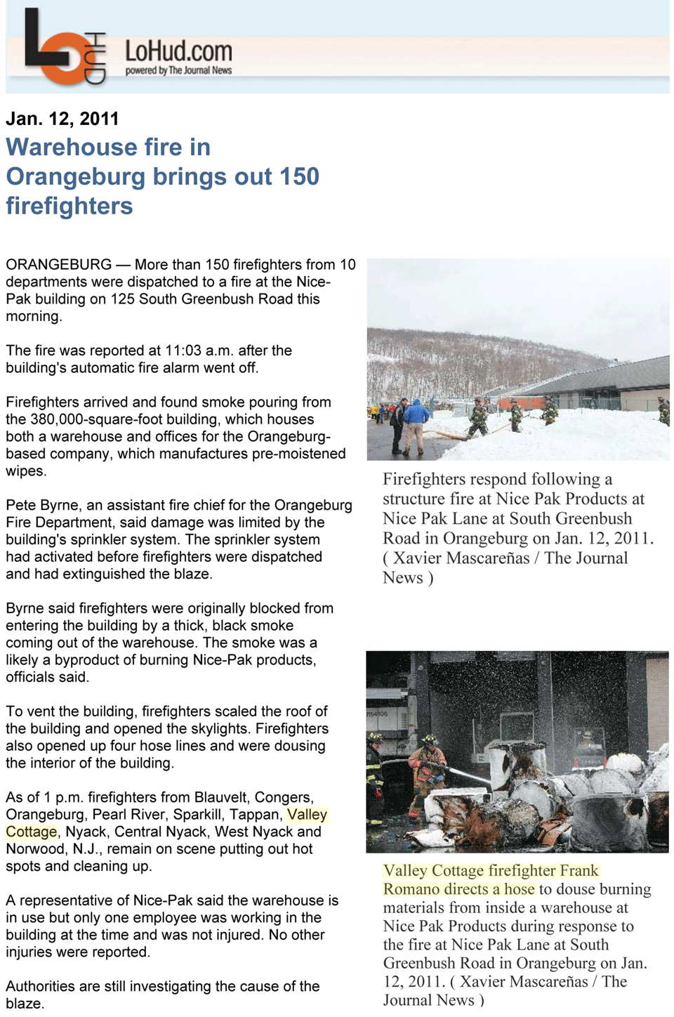 Nicepak Warehouse Fire 1/12/11